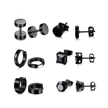 

Classic Stainless Steel Piercing Earring Black Color Round Square Shaped Zircon For Women Punk Barbell Ear Jewelry 6 Pairs