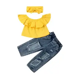 3 предмета, летняя джинсовая одежда для маленьких девочек Футболка с открытыми плечами Топы + рваные джинсы, штаны детская одежда, комплекты