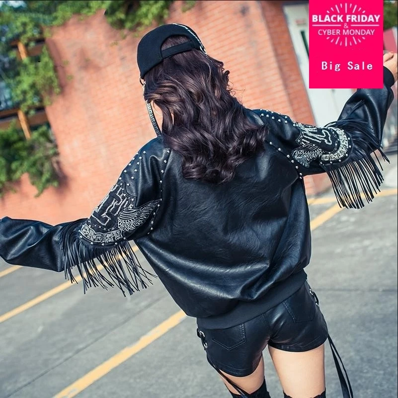 

2018 fashion new women rivet tassel embroidery PU leather jacket loose uniform female motorcycle outwear L1023 freeship