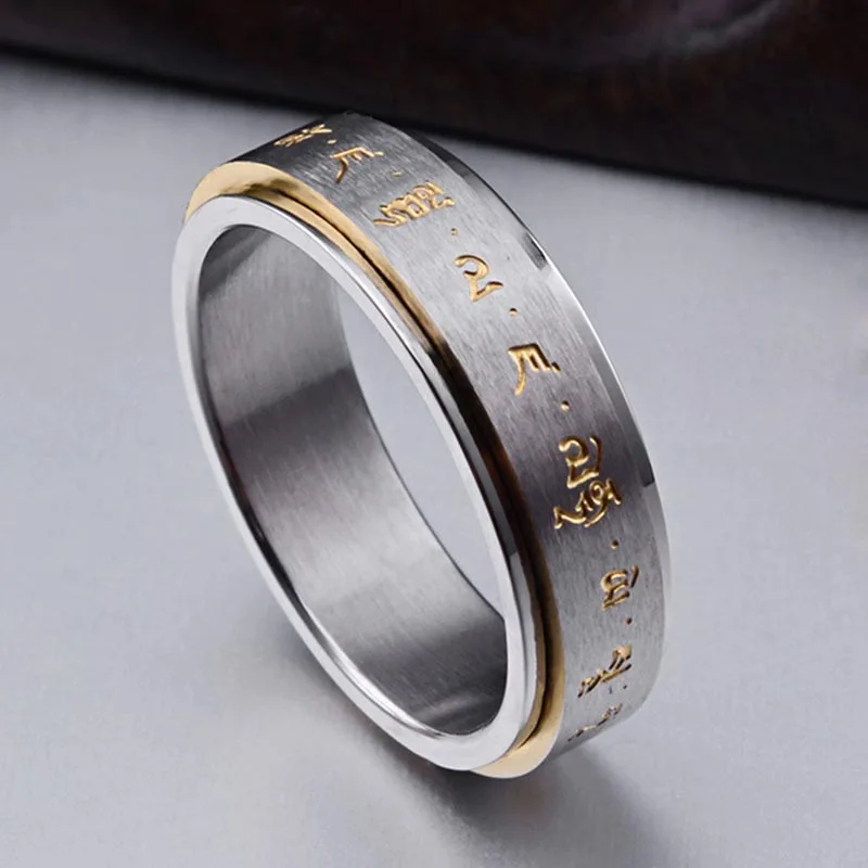 Мода Будда вращение спиннинг мантра письмо кольцо Титан Сталь Ювелирные украшения подарок для мужчин CX17