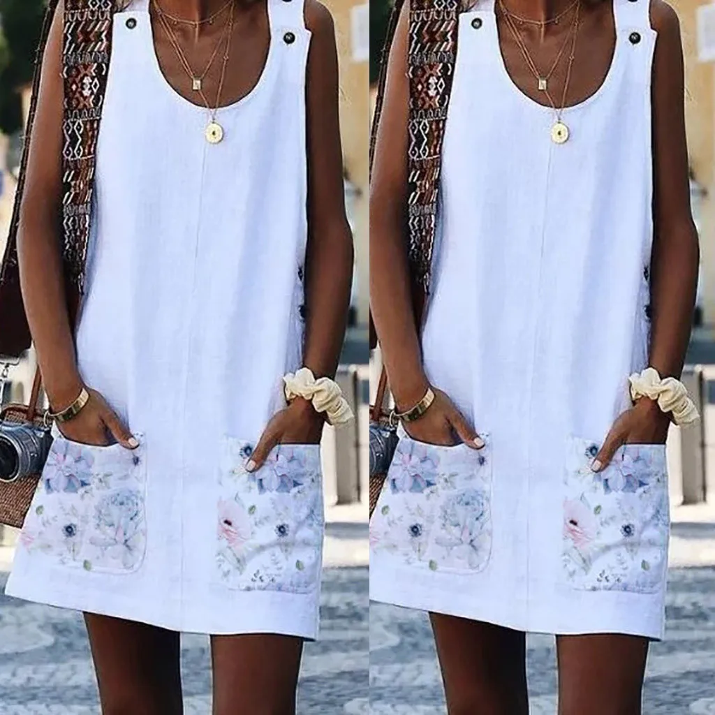 Dresses Crew Neck Casual Pockets Plus Size Women Dress Straight Loose Sleeveless Summer Straight Button Dress Sundress 5.22