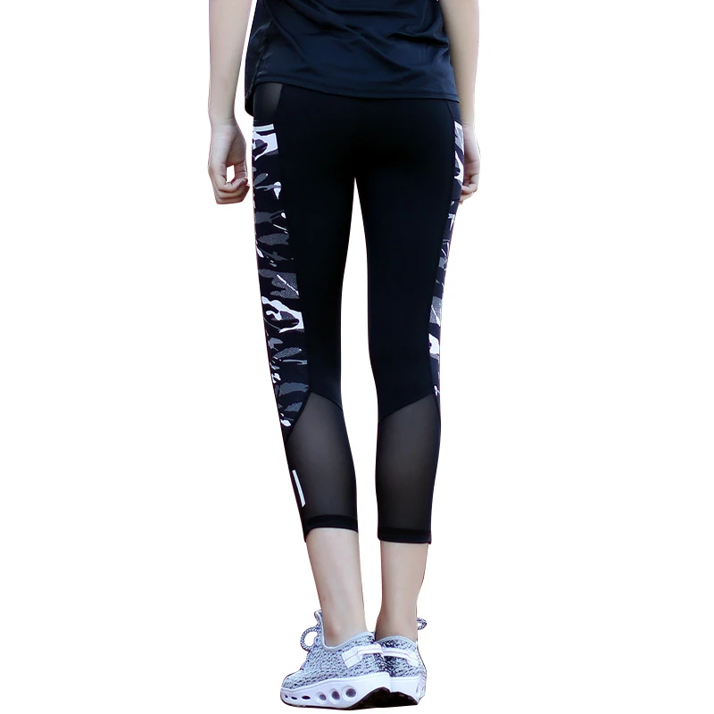 Женские компрессионные колготки для бега, сетчатые Лоскутные камуфляжные штаны для бега, йоги, светоотражающие сексуальные капри для фитнеса с карманом на молнии