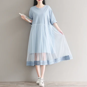 

Women Casual Summer Dress Half Sleeve Mesh Patchwork Tshirt Dress New Fashion O-neck Loose Oversized Blue Dress Plus Size 2XL