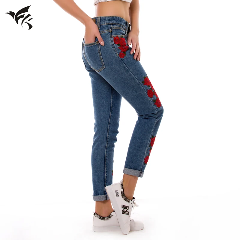 

European American women's elastic slim jeans color flower three-dimensional embroidery pants rose embroidery blue pants yk00013