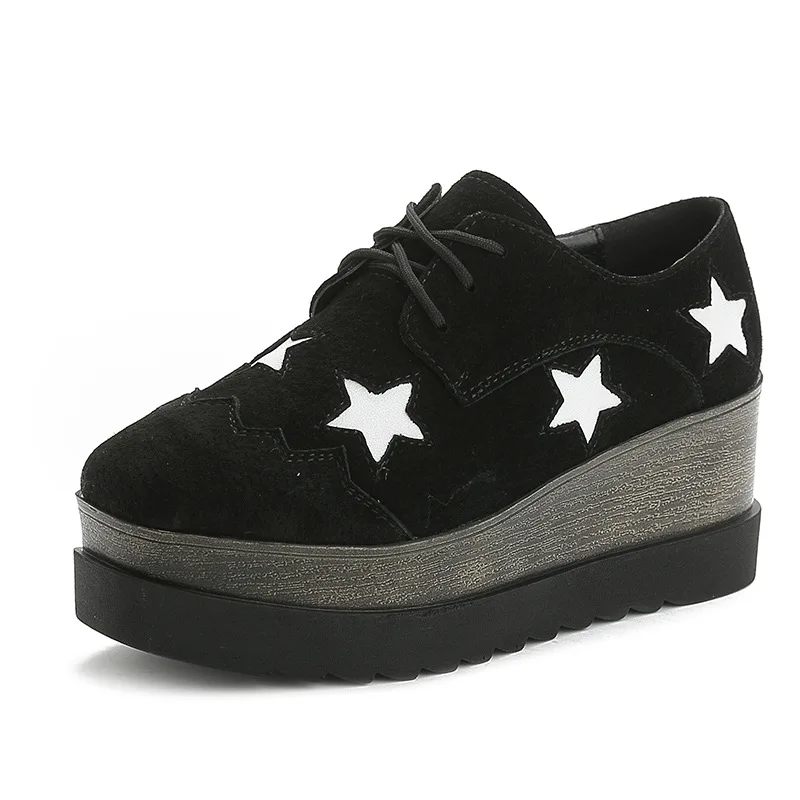 Round Toe Women's Oxfords Shoes Lace Up Faux Suede Star Causal British Style Retro Oxfords Shoes for Women Flats shoes Creepers