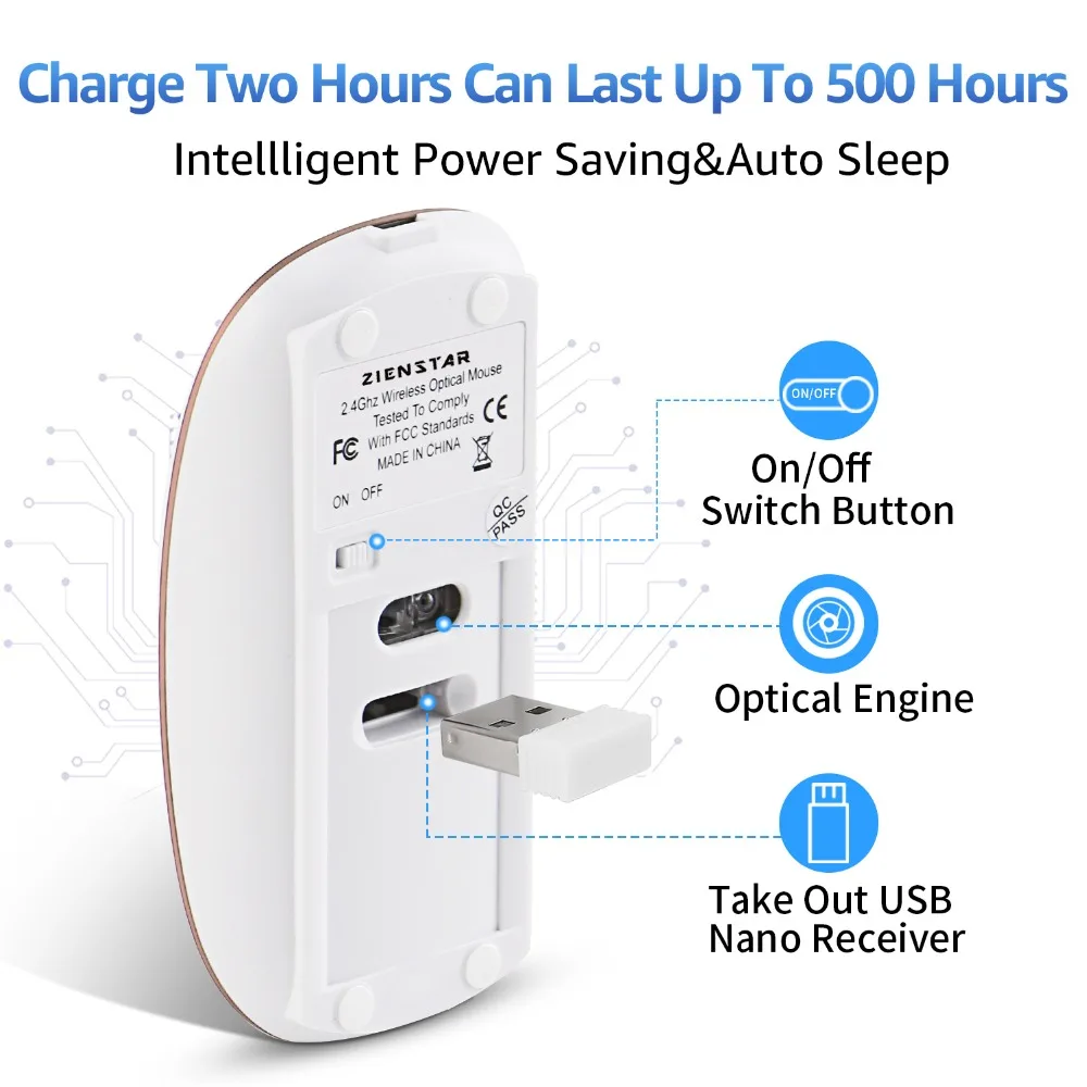 Zienstar беспроводная мышь из алюминиевого сплава 2,4G с USB Приемником 600 dpi, перезаряжаемая батарея Mah для Mac, компьютера