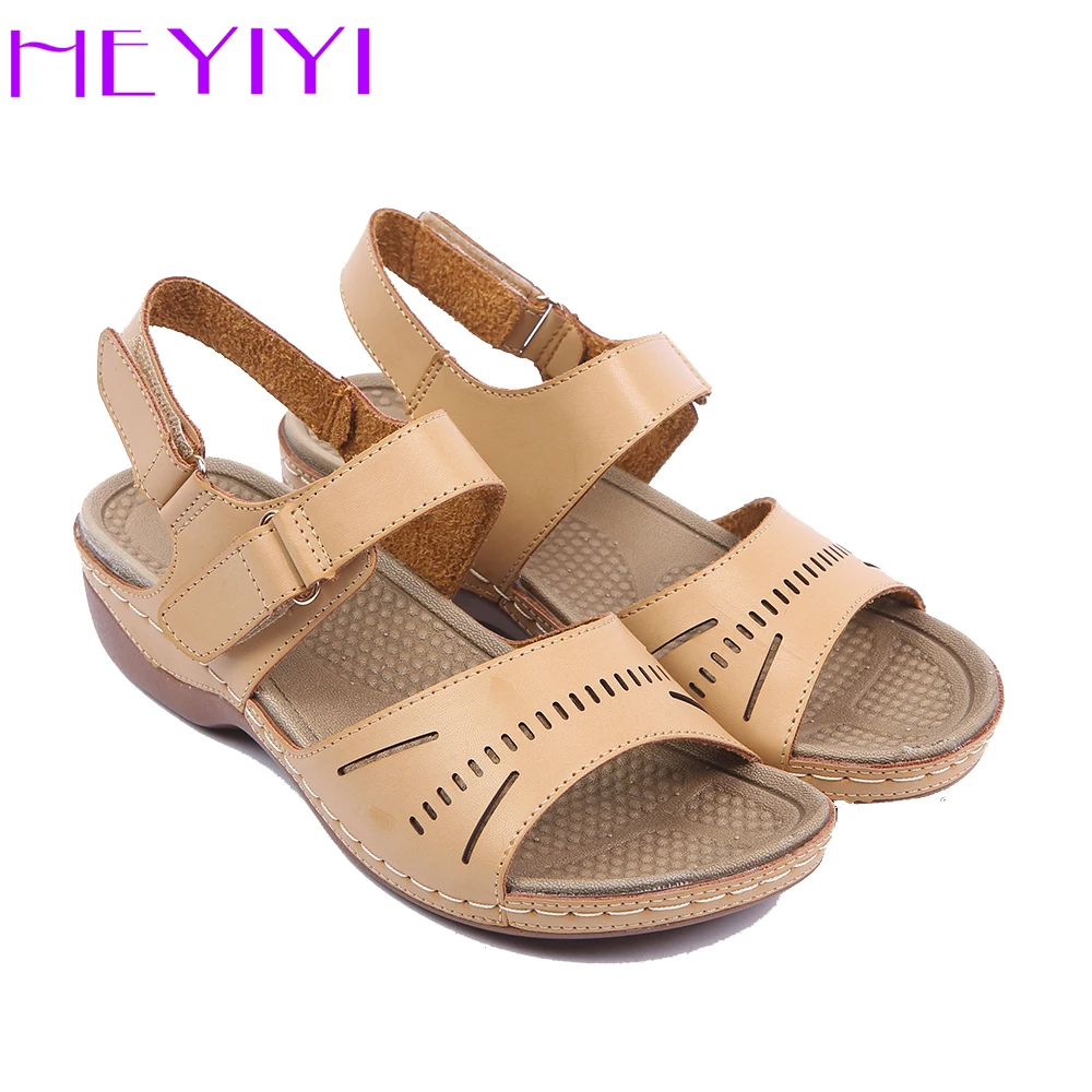 

HEYIYI Women Casual Sandals Lightweight Hool&loop Platform Mid Square Heels Sewing Comfortable Soft Insole Rome Beige Shoes