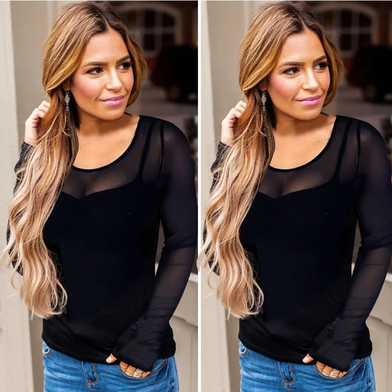 

2018 NEW Mango Top Women's Long Sleeve Shirt Deep V Low-Cut Shirt Transparent Mesh Clubwear Blouse Bodysuit blouse Tunic Tops