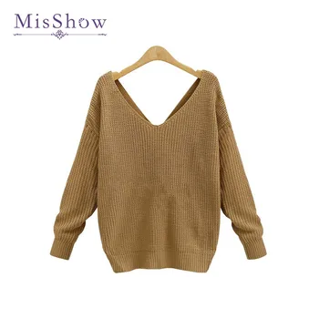 

MisShow Solid Color Long Sleeve Knitted Pullover Sexy Deep V Neck Cross Back Sweater Autumn Women Casual Sweater Knitwear