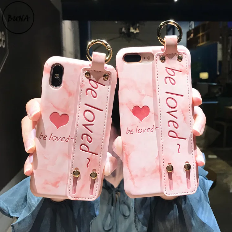 Hot trend pink Be love leather Wrist strap Lace cover case for apple