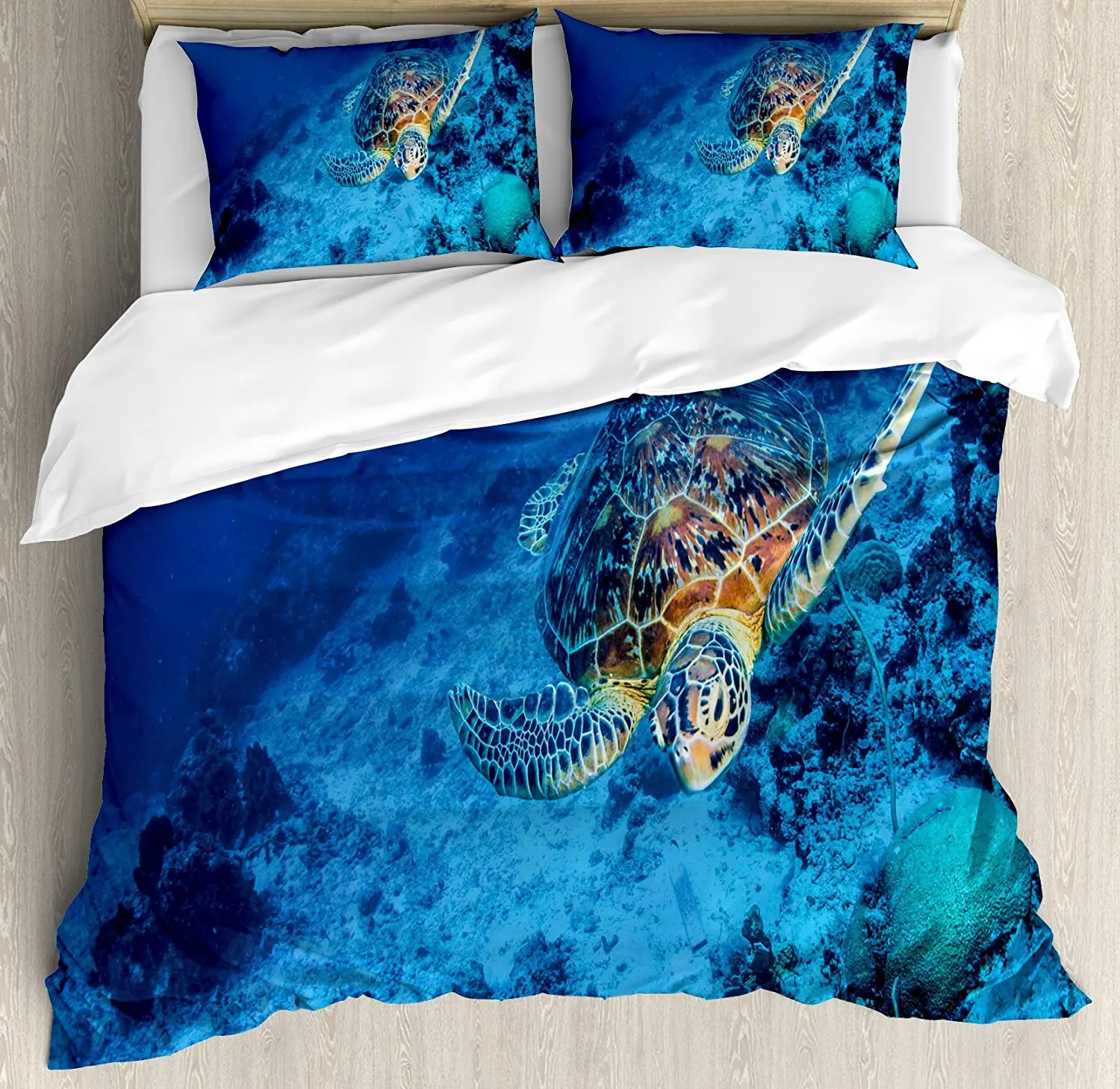 

Turtle Duvet Cover Set Oceanic Wildlife Themed Photo of Sea Turtle in Deep Blue Waters Coral Reef Hawaiian 4 Piece Bedding Set