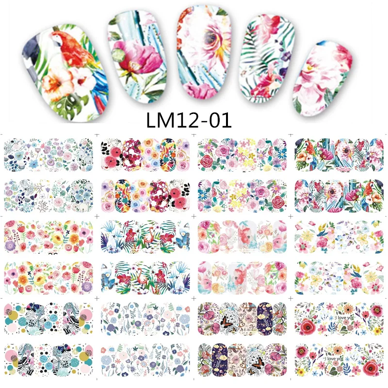 12 Designs Watermark Nail Art Decoration Water Decals Flower Flamingo Bird Rose Sticker Manicure Sliders Adhesive Tip BN913-924