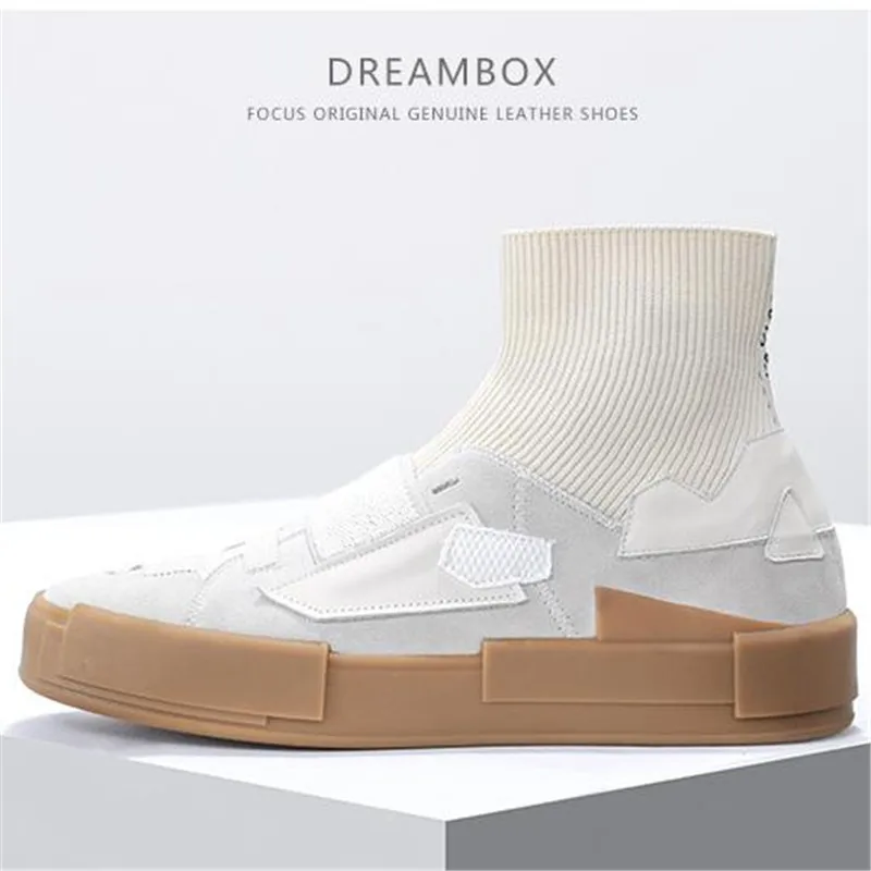 

New genuine leather with Elasticity knitting material sock casual shoes breathable comfortable men flat Shoes