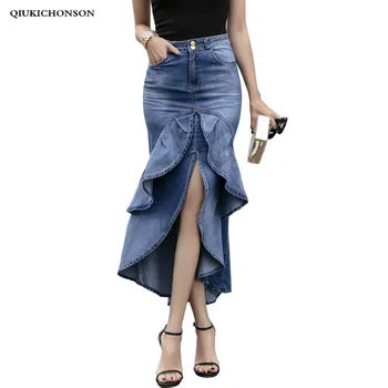 Summer Denim Skirt Women High Waist Long Jeans Skirt European American Style Sexy Asymmetrical High Low Ruffle Mermaid Skirts self belt ruffle waist high split skirt