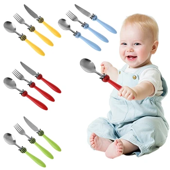 

1 Set Kids Tableware Children Feeding Spoon Fork Knife Cartoon Stainless Steel