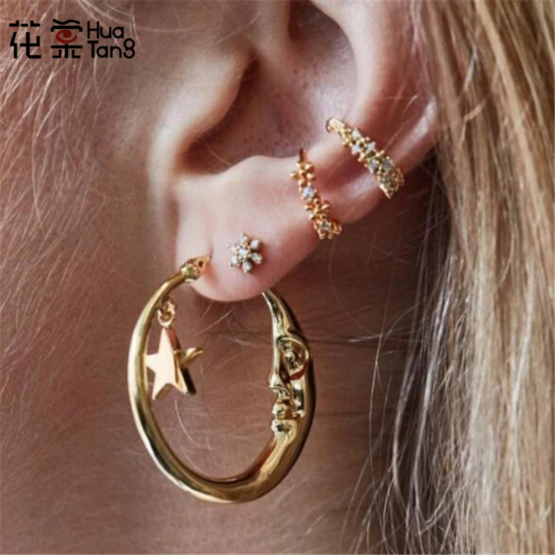 

HuaTang Bohemian Gold Star Moon Earrings Set Geometric crystal Stud Earrings Pericing Ear Clip Sets Earrings Jewelry 8060
