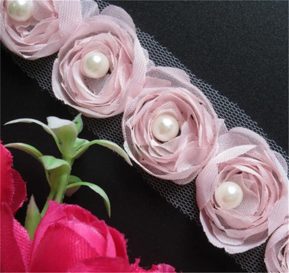 1 Meter 6 Rows Rose 3D Chiffon Flower Lace Edge Trim Ribbon 9 cm Width Vintage Style Edging Trimmings Fabric Embroidered Applique Sewing Craft Wedding Dress DIY Clothes Bowknot Decor Baby Pink