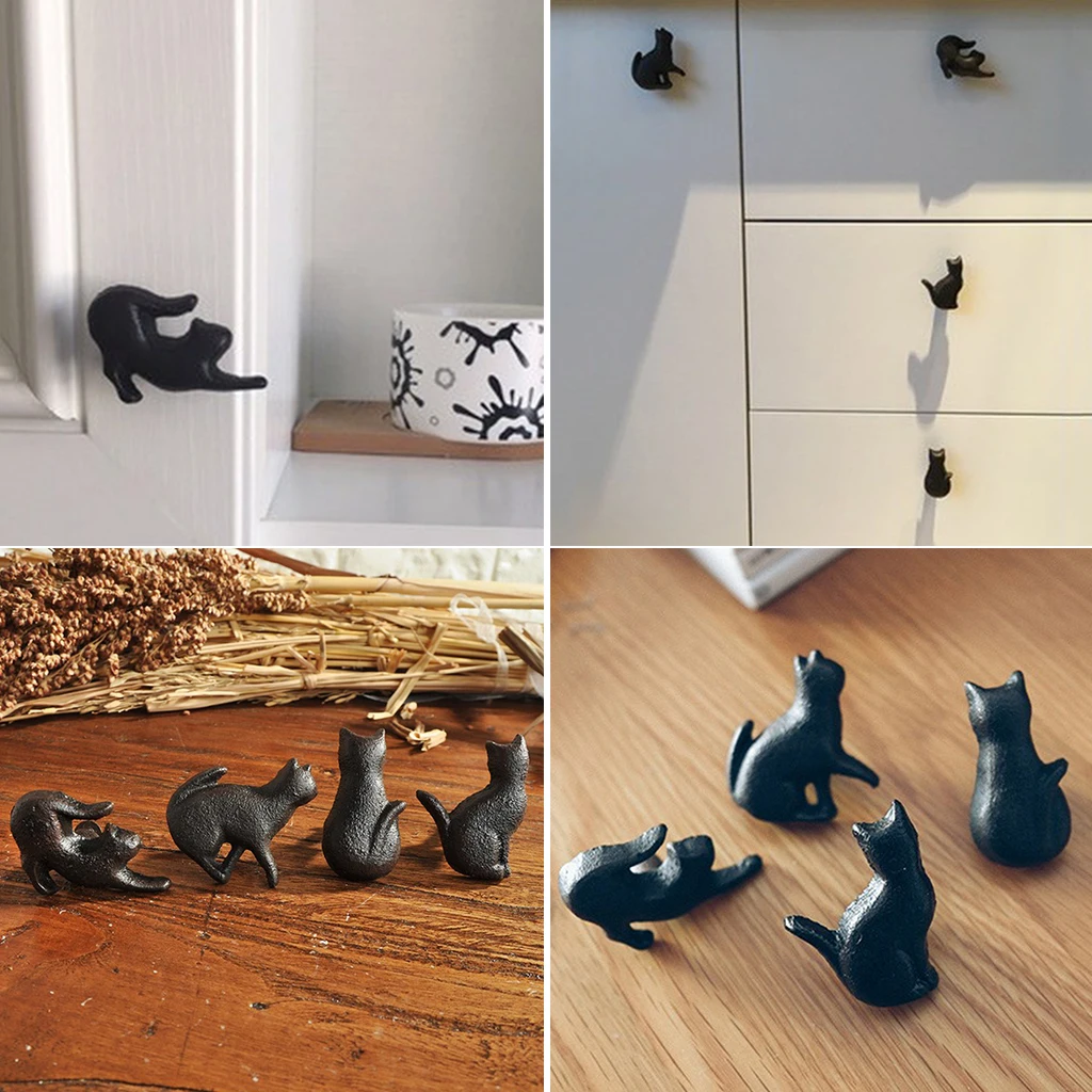 Cast Iron Matt Black Cat Shaped Cupboard Drawer Knob Kitchen Cabinet Door Pull Knobs with Screws
