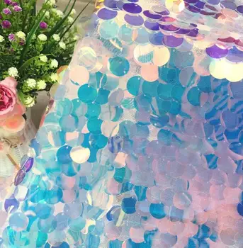 

50*130cm Blue color laser encryption fish scale lace beads sequins fabric dress diy textiles wedding cloth mesh fabric C583