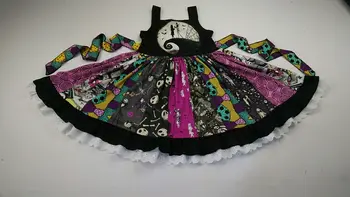 

2019 new children's Halloween costumes skull-print scary Halloween lace twril dresses with belt little girls party dress