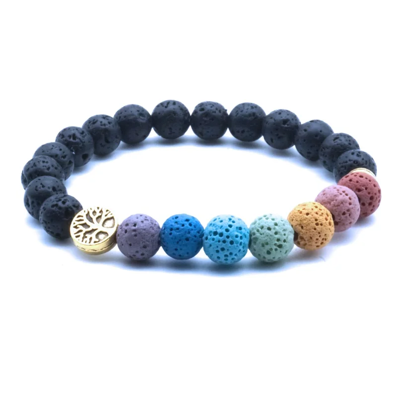 Tree of Life 8mm Colorful Seven Chakras Black Lava Stone Bracelet DIY Aromatherapy Essential Oil Diffuser Bracelet Yoga Jewelry