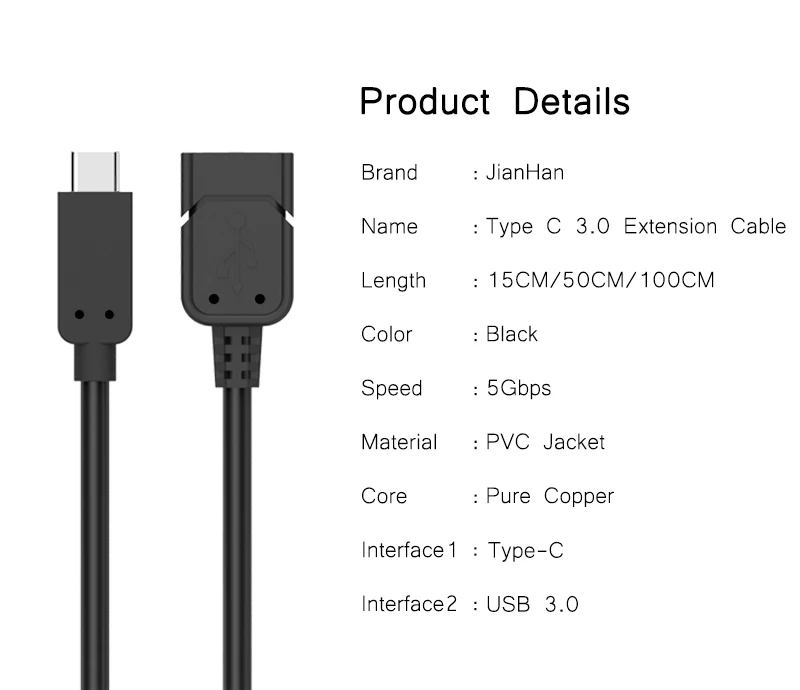 JIANHAN type C к USB 3,0 OTG адаптер USB3.0 type-C кабель для передачи данных разъем USB C кабель для huawei P9 Xiaomi 4C 5 samsung S8 Female