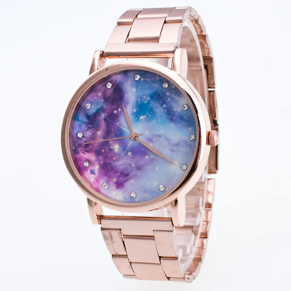 

Rose Gold Color Steel Band Meteor Pattern Rhinestone Dial Quartz Analog Wrist Watch Colorful Dial 25cm