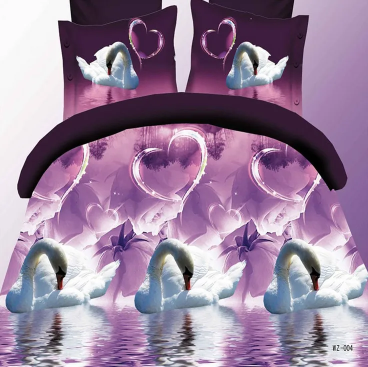 Love heart bedding set purple Swan 3D duvet cover sheet bedspread bed in a bag linen quilt doona