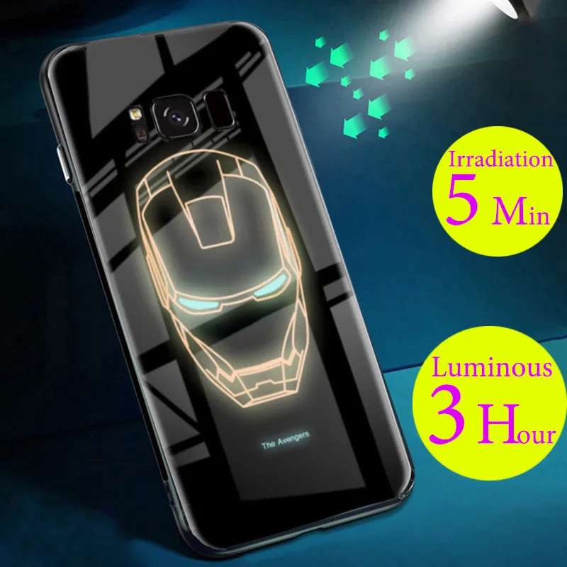 

Luxury Luminous Tempered Glass Case For Samsung Galaxy S10 S8 S9 Note 8 9 Marvel Silicon Cover iphone X XS Max XR 7 8 6 6s plus