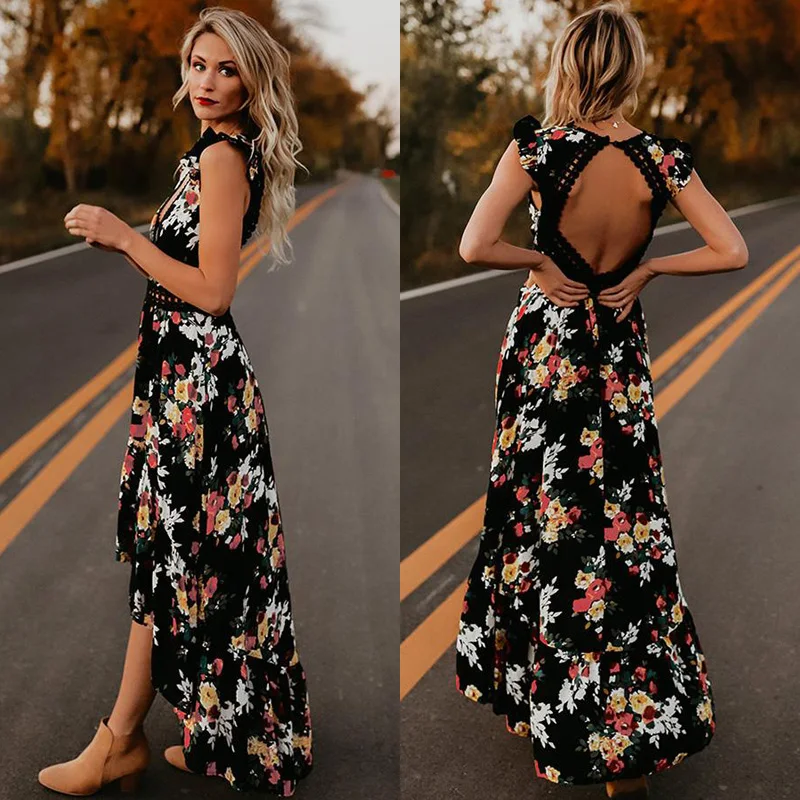 

Boho Dress Women 2019 Summer Print Elegant Dress Deep V Neck Backless Sexy Maxi Dress Ladies Irregular Loose Long Dress Vestido