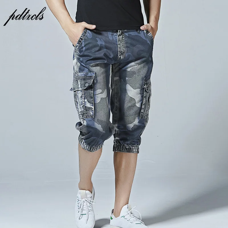 

High Quality Fashion Denim Blue Silm High Street Color Patchwork Multi-Pockets Men's Cargo Short Pants Casual Cropped Trousers