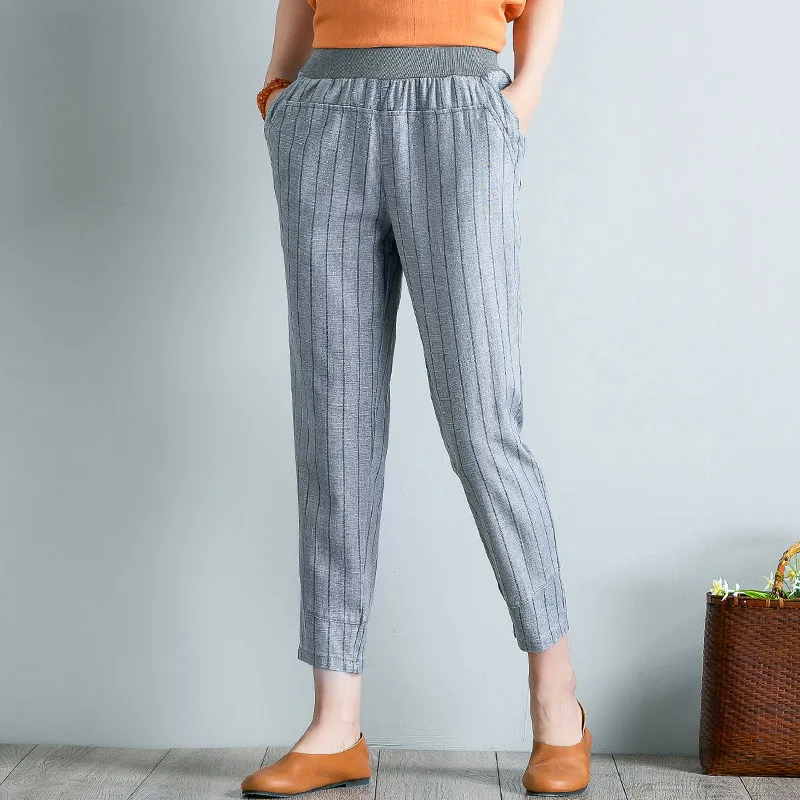 Spring Summer Women Striped Elastic Waist Pants Plus Size 4XL High Waist Casual Harem Pants Ankle-length Boho Trousers Pockets Spring Summer Women Striped Elastic Waist Pants Plus Size 4XL High Waist Casual Harem Pants Ankle-length Boho Trousers Pockets