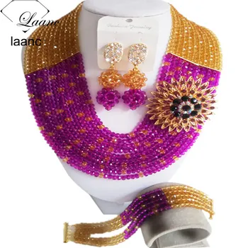 

Laanc Gold and Purple African Fashion Beads Jewelry Set for Women Nigerian Wedding Necklace and Earrings C10SZ009