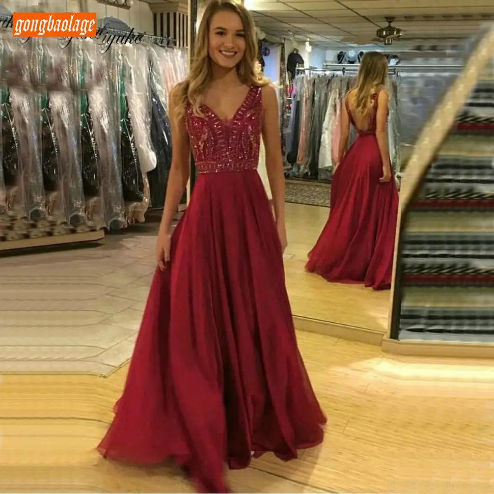 

Sexy Burgundy V Neck Evening Dresses Long Delicate Applique Beading Sleeveless Evening Gown A Line Backless Party Formal Dress