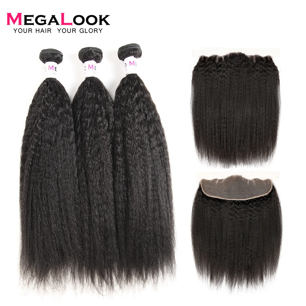 Megalook Yaki человеческие волосы с фронтальным индийским кружевом спереди с Remy человеческие волосы пучки натуральный цвет