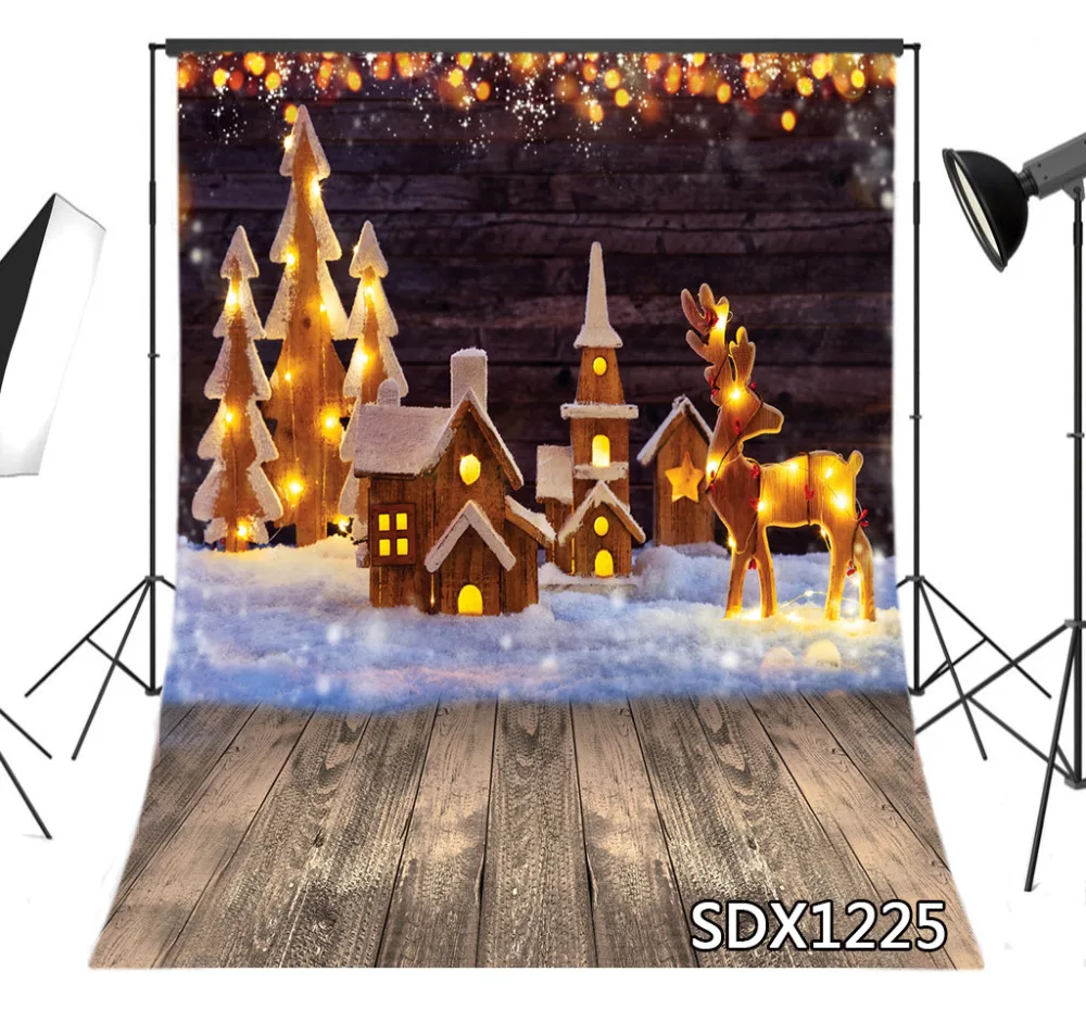 

LB String Lights Decor Vinyl Photography Backdrops Wooden Christmas Tree and Reindeer on Snow Studio Photo Background Props