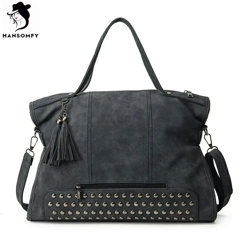 HANSOMFY Big Shoulder Bags For Women 2017 Rivet Tassel Tote Bags Solid