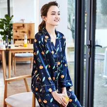 Весенний женский пижамный комплект с принтом, длинный рукав, длинные штаны, плюс размер, отложной воротник, темно-синий