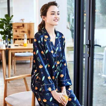 

Spring fresh print women pajama set long sleeve long pants plus size turn-down collar navy blue