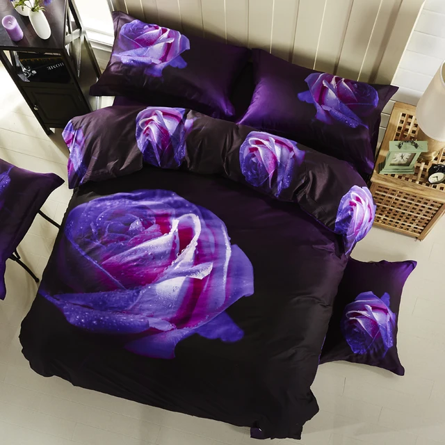3d flower rose dark purple bedding set high quality cotton floral dark purple sheet sets