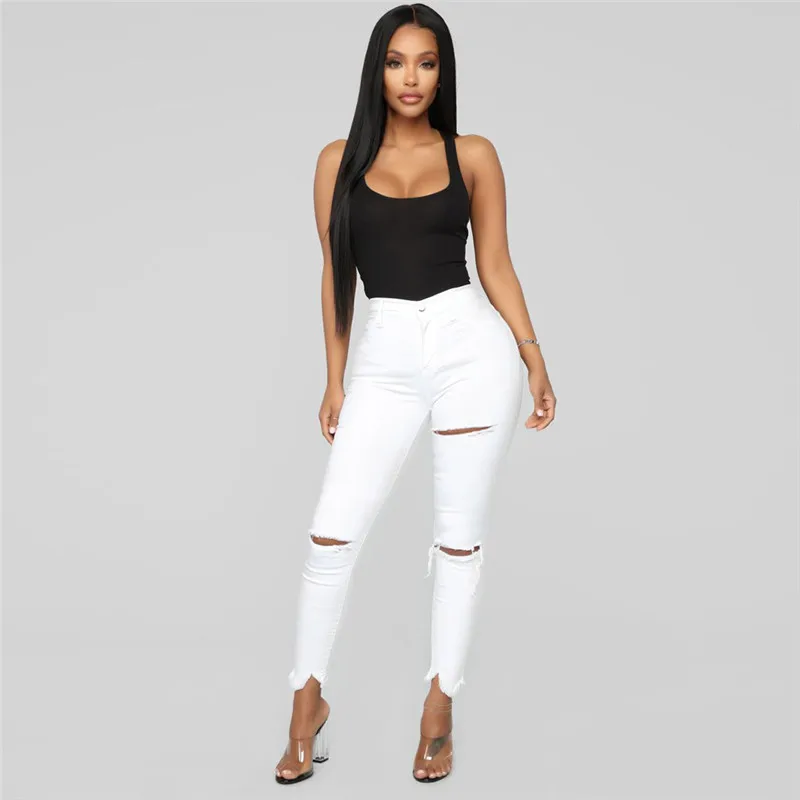 2019 White Jeans Stretch Sexy Women Skinny Jeans Mid Waist Stretch Pencil Pants Ripped Torn Jeans Combinaison Pantalon A30@