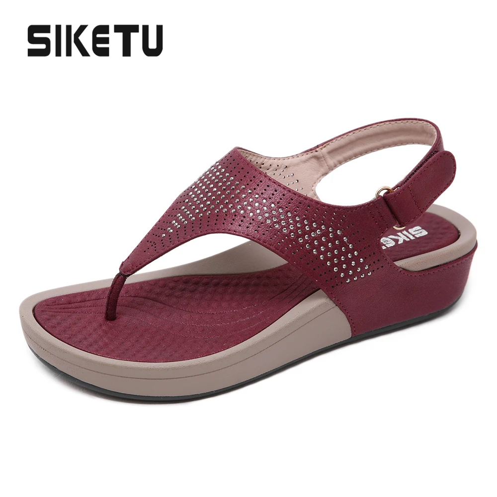 

New Summer Flip Flops Women Bohemia Ethnic Sandals Thong Wedge Shoes Summer Beach Med Heel Ankle Wrap Comfort Shoes Plus Size