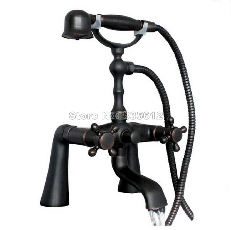 

Black Oil Rubbed Bronze Bathroom Bathtub Faucet / Telephone Style Handheld Shower Head/Dual Handles Mixer Tap Deck Mount Wtf001