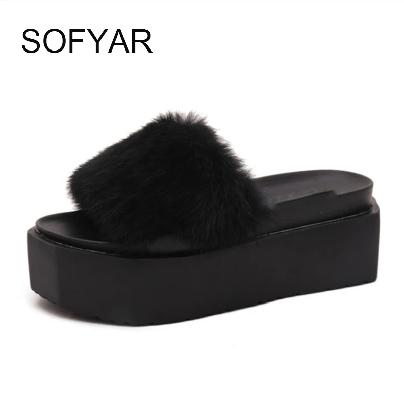 

Candy slipper fuzzy slides flat with med heeled spring summer sandasl beach shoes thick comfortable women fur ladies females
