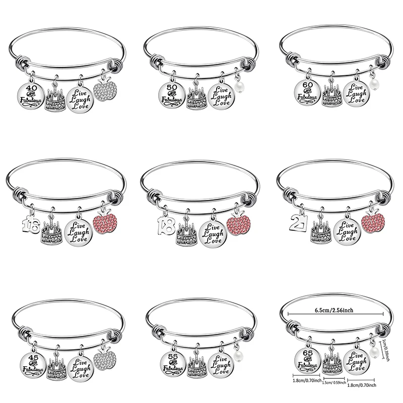 

XIAOJINGLING 50 Years Old Birthday Gifts Charm Bracelet Bangle Cake Candles Crystal Bracelet For Friends Family Jewelry Gift