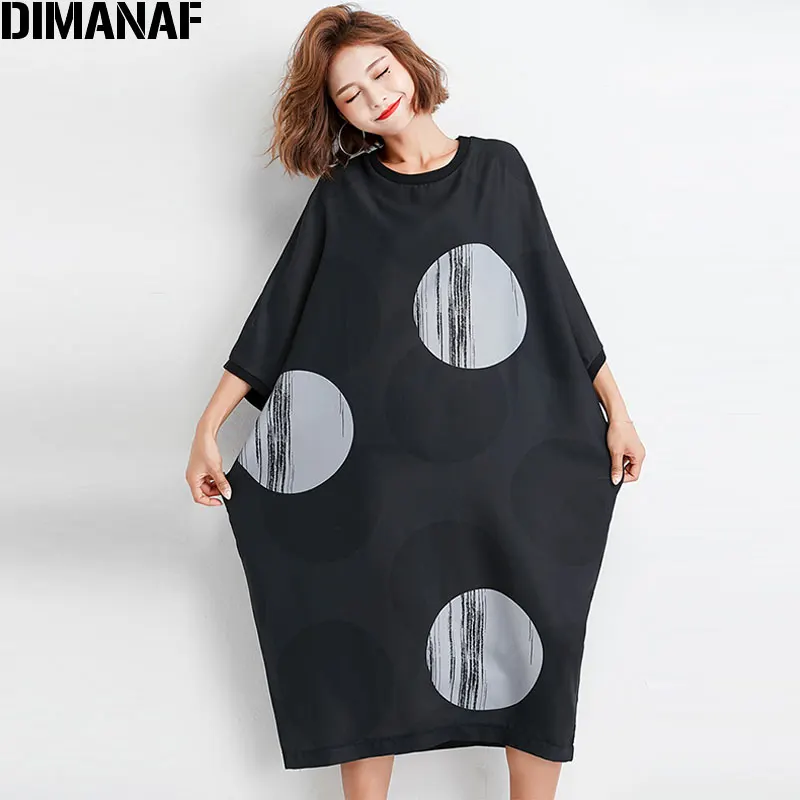 

DIMANAF 2019 Summer Women Plus Size Dress Cotton Polka Dot Black Female European Casual Fashion New Big Long Dress Loose Fit 4XL