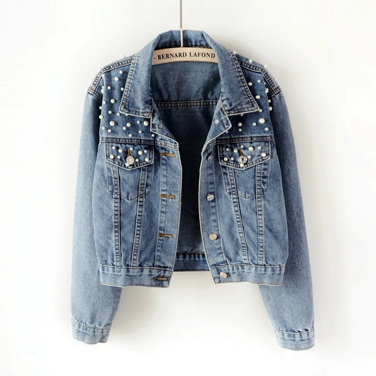 2018 Spring Women Basic Coats Women Denim Jacket Pearls Beading Kpop Jeans Coat Loose Long Sleeve Jackets 1667 2018 Spring Women Basic Coats Women Denim Jacket Pearls Beading Kpop Jeans Coat Loose Long Sleeve Jackets 1667