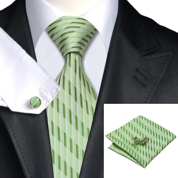 2016 Fashion New Dark green stripes Tie Hanky Cufflinks Sets Men's 100