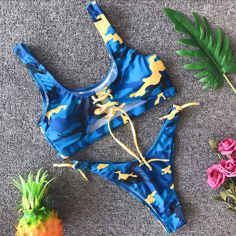 

Sexy Women Lace Up Cutout Bandage Bikini Camouflage Pineapple Print Swimwear Swimsuit Bathing Suit Biquini