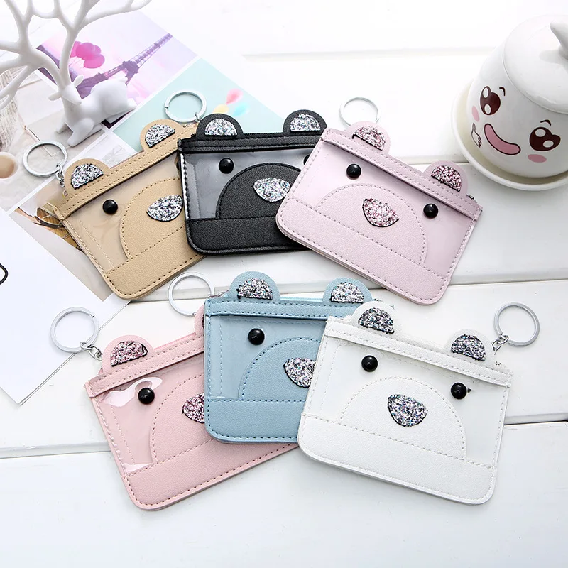 

Cute Kawaii Bear Transparent Mini Card Bags Coin Purse Women PU Leather Girls Card Holder For Kids Purse Key Wallet Children Bag